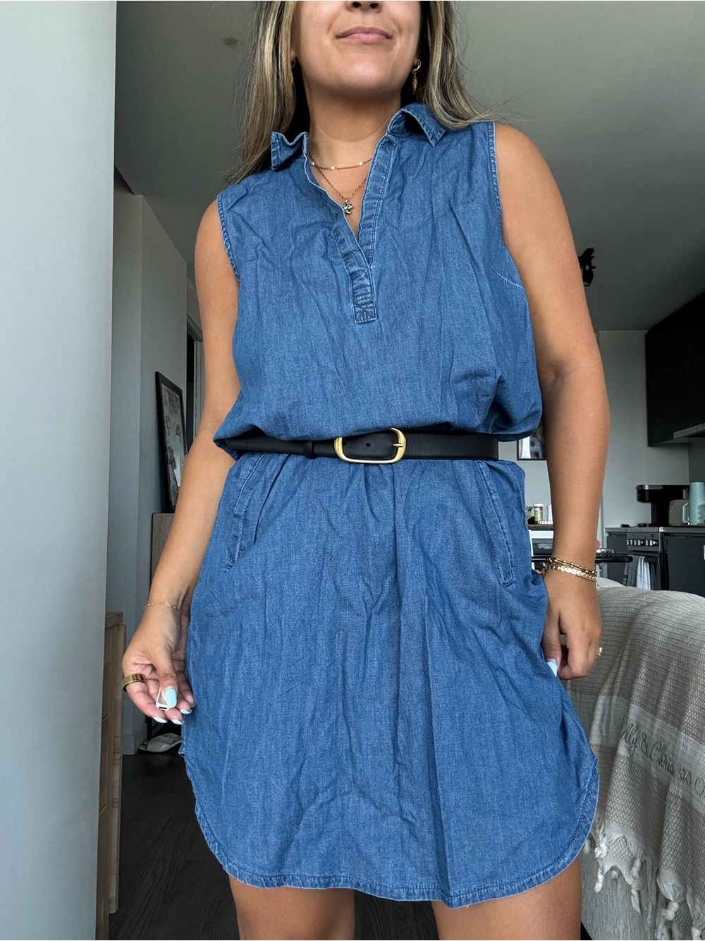 Sleeveless Chambray Shirt Dress in Blue (belt not included)